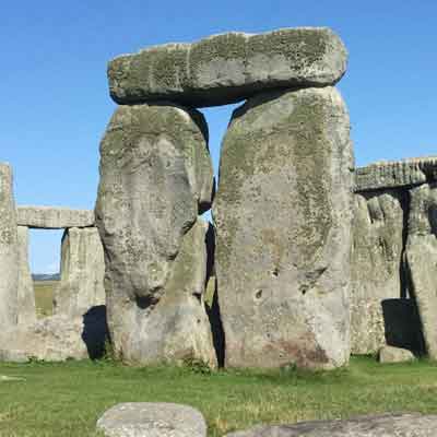 Stonehenge Sarsen stones on a bright sunny Wiltshire day.